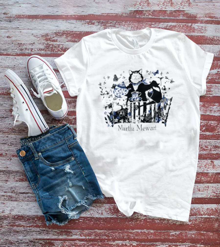 Martha Mewart Cat Gardening Teapot Watering Can Butterfly Flowers T-Shirt