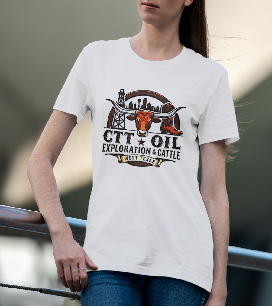 West Texas Longhorns CTT Oil Exploration And Cattle Skyline And Boot T-Shirt