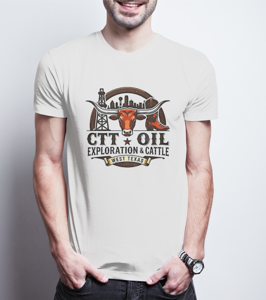 West Texas Longhorns CTT Oil Exploration And Cattle Skyline And Boot T-Shirt