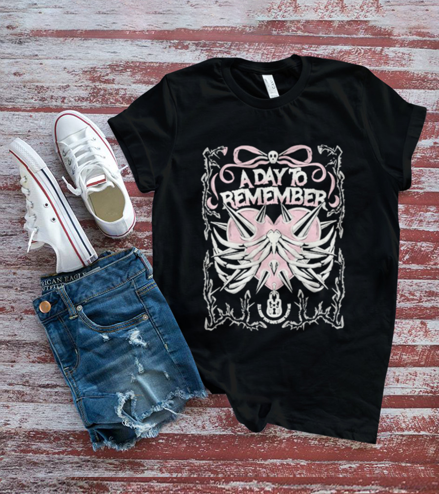 A Day To Remember Spiked Heart Pink Bow Skull Ribcage T-Shirt