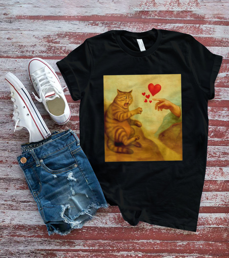 Cat Swatting God's Hand Surrounded By Hearts T-Shirt