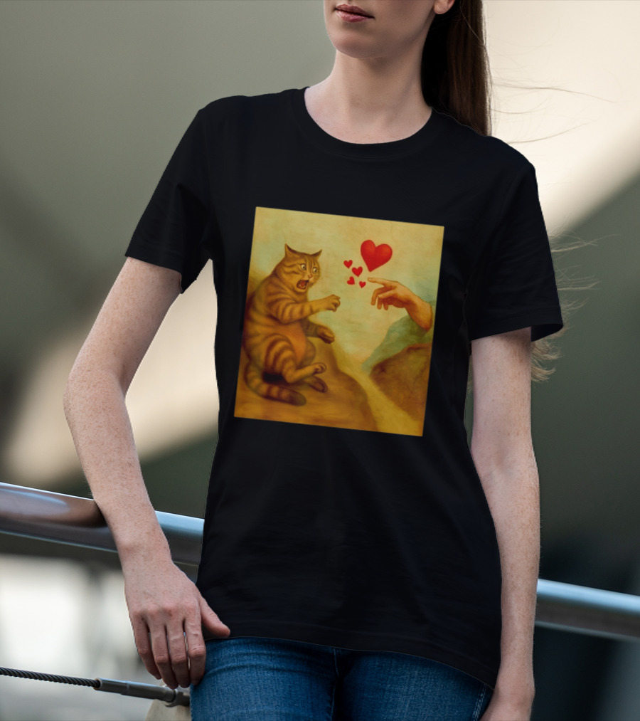 Cat Swatting God's Hand Surrounded By Hearts T-Shirt