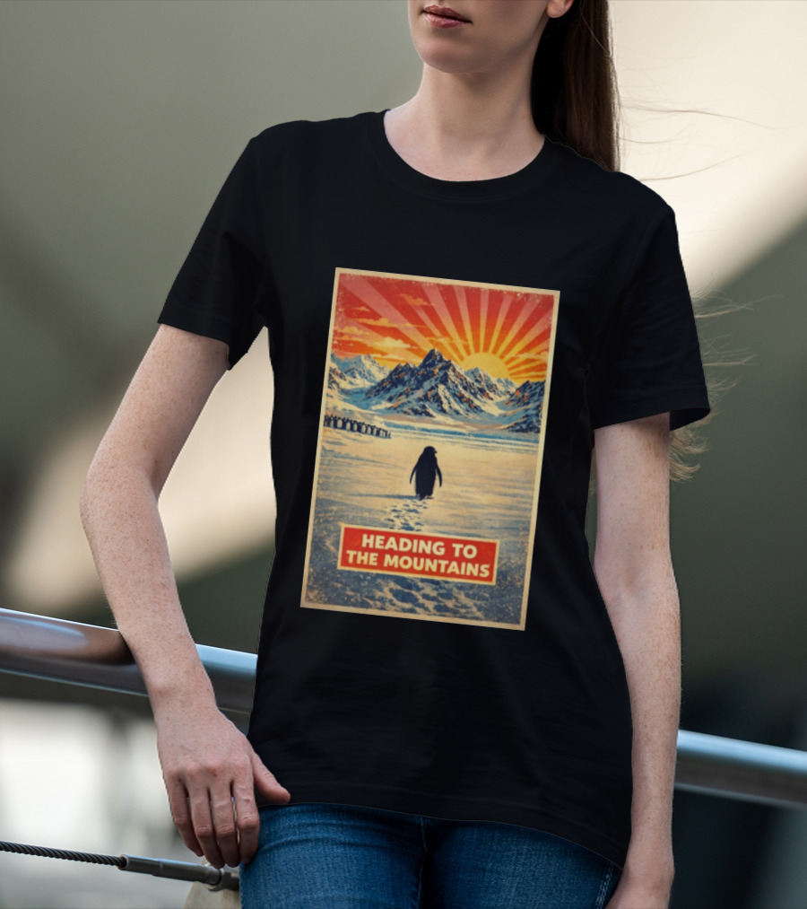 Penguin Journey Heading To The Mountains Sunrise T-Shirt