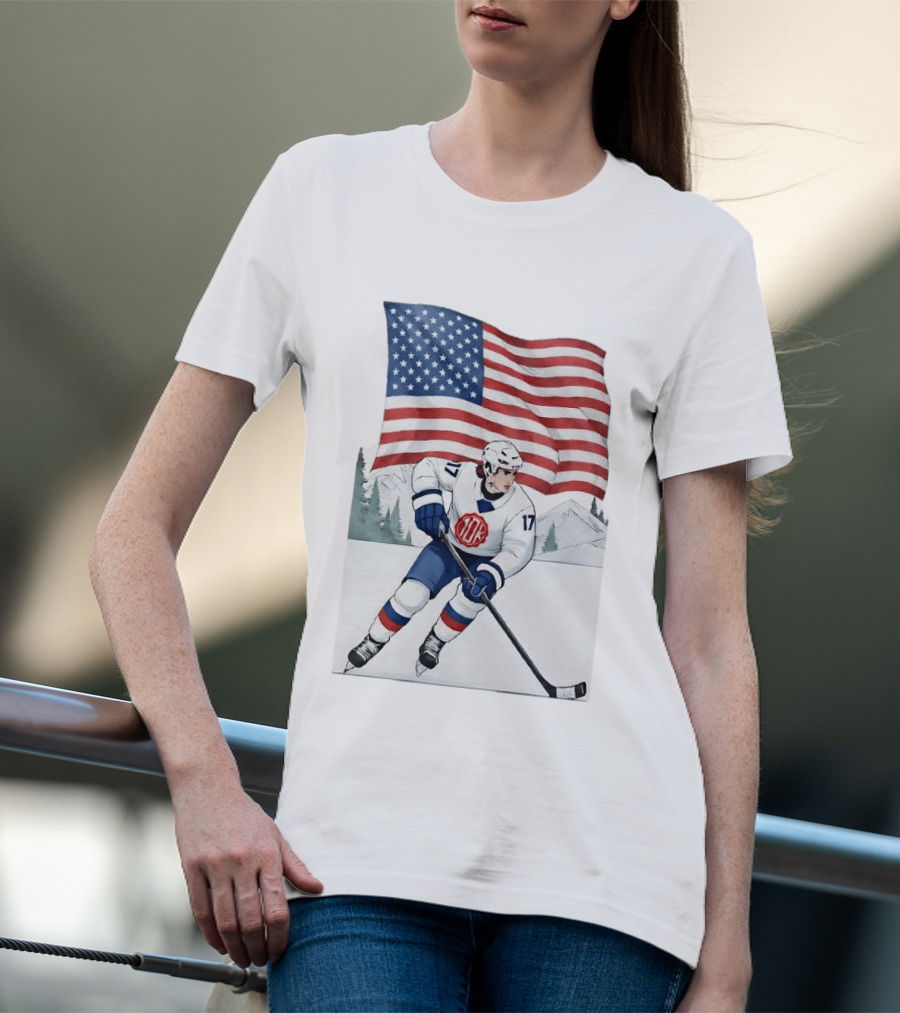 USA Hockey Player Number 17 American Flag Winter Olympics T-Shirt
