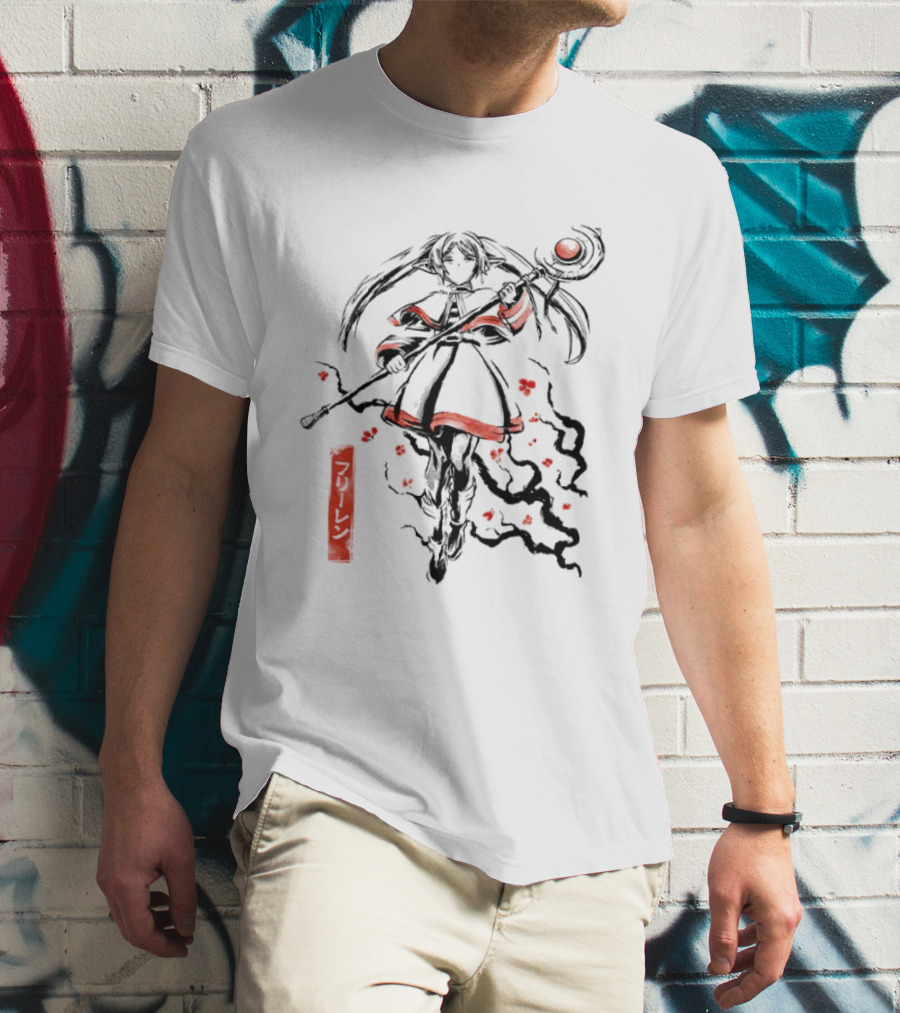 Frieren Beyond Journey's End The Eternal Mage Sumi E Style Magic Staff Blossoms T-Shirt