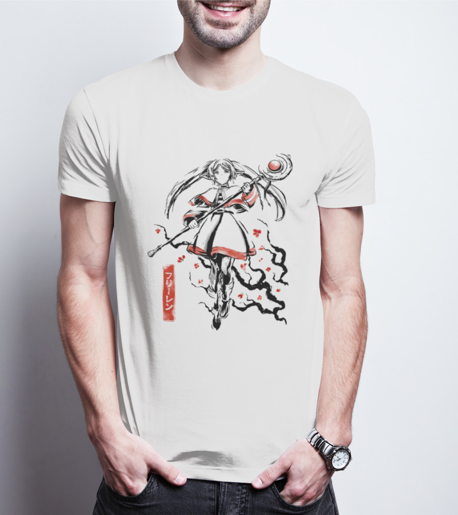 Frieren Beyond Journey's End The Eternal Mage Sumi E Style Magic Staff Blossoms T-Shirt