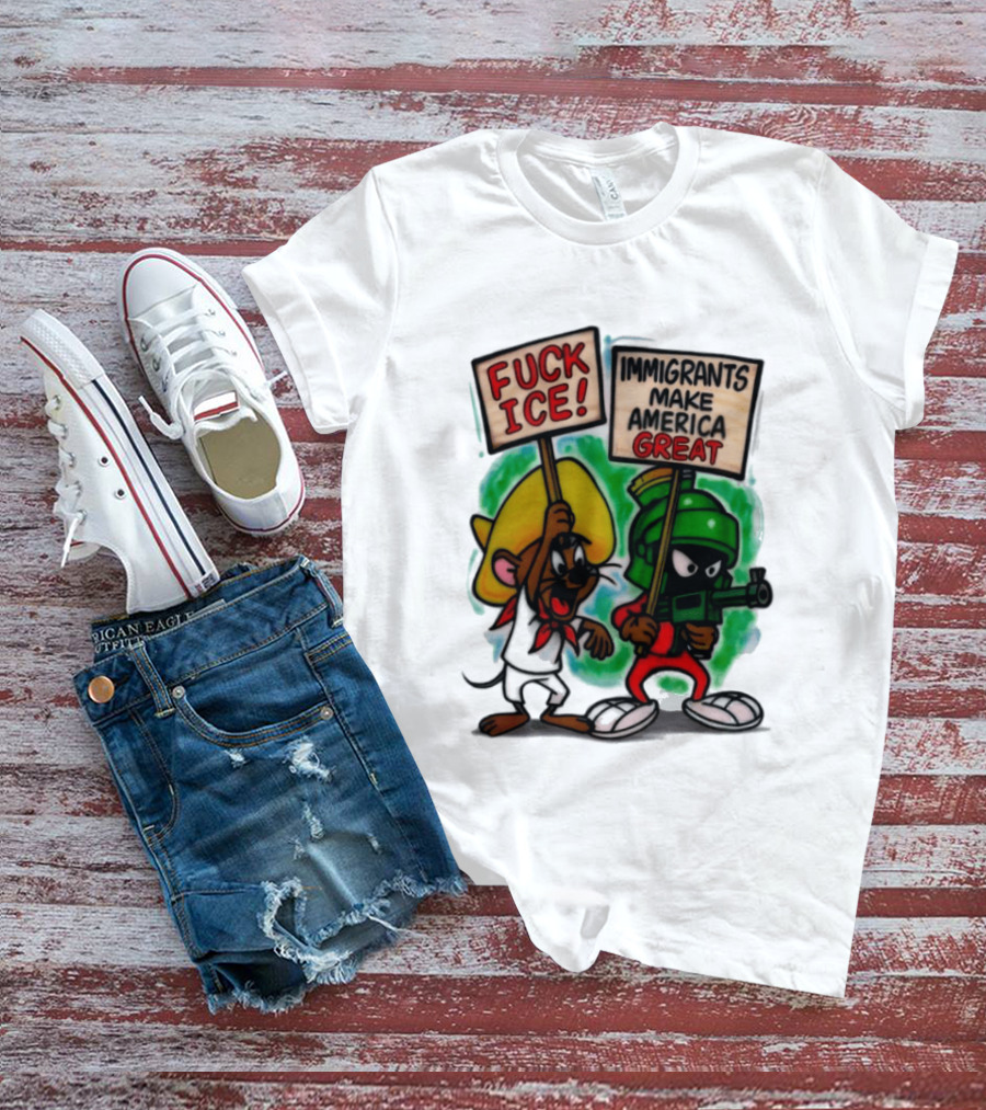 Fuck Ice Immigrants Make America Great Characters With Signs T-Shirt
