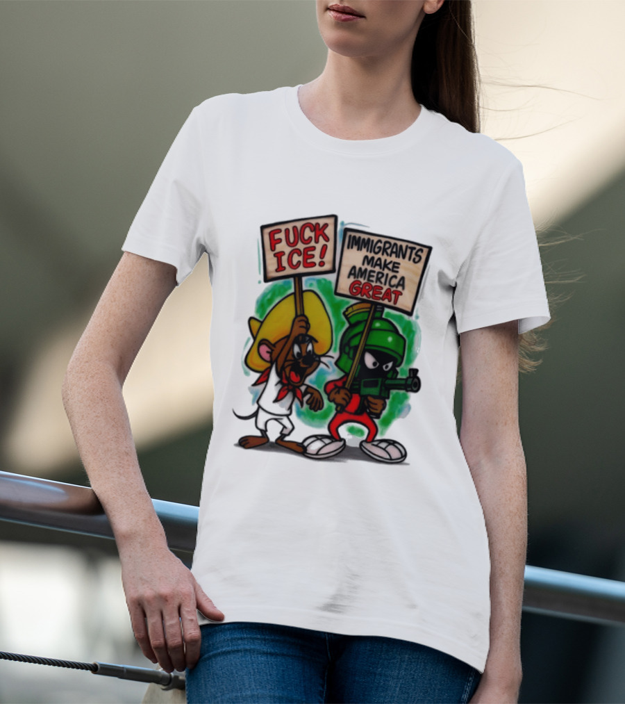 Fuck Ice Immigrants Make America Great Characters With Signs T-Shirt