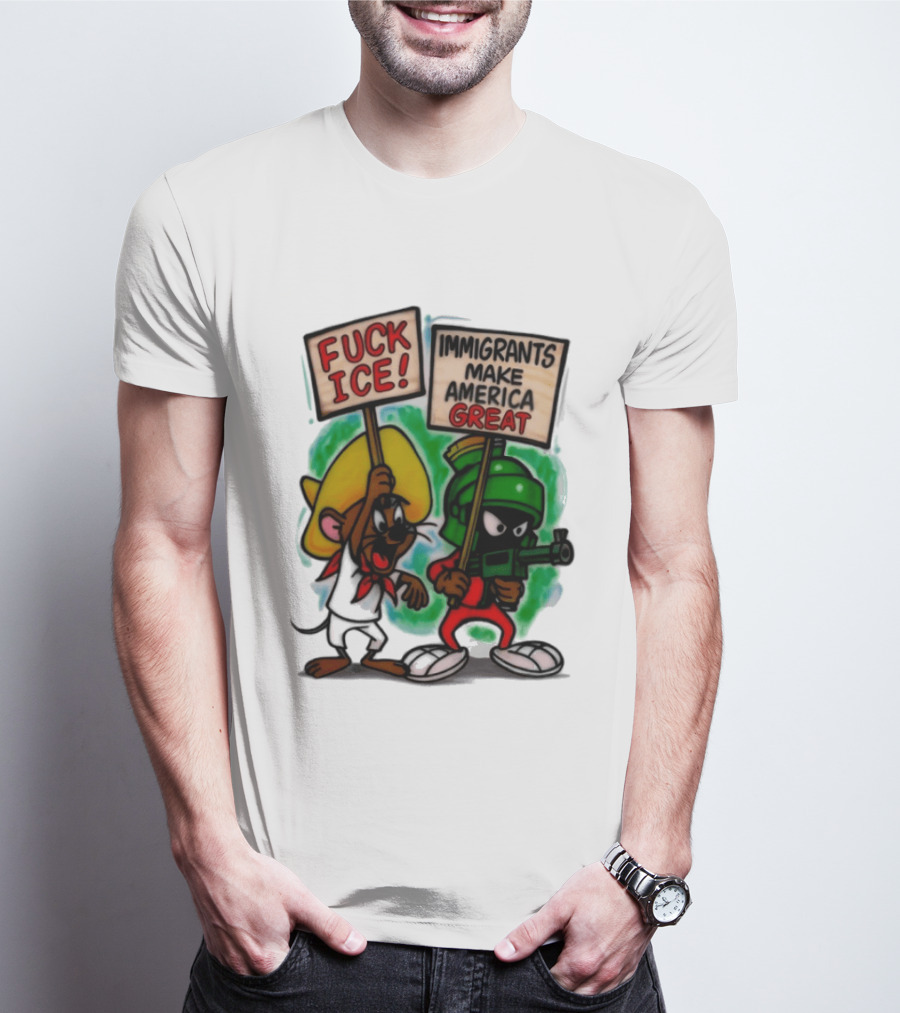 Fuck Ice Immigrants Make America Great Characters With Signs T-Shirt