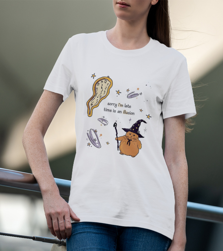 Sorry I'm Late Time Is An Illusion Time Traveling Witch Cat With Melting And Magic Wand T-Shirt