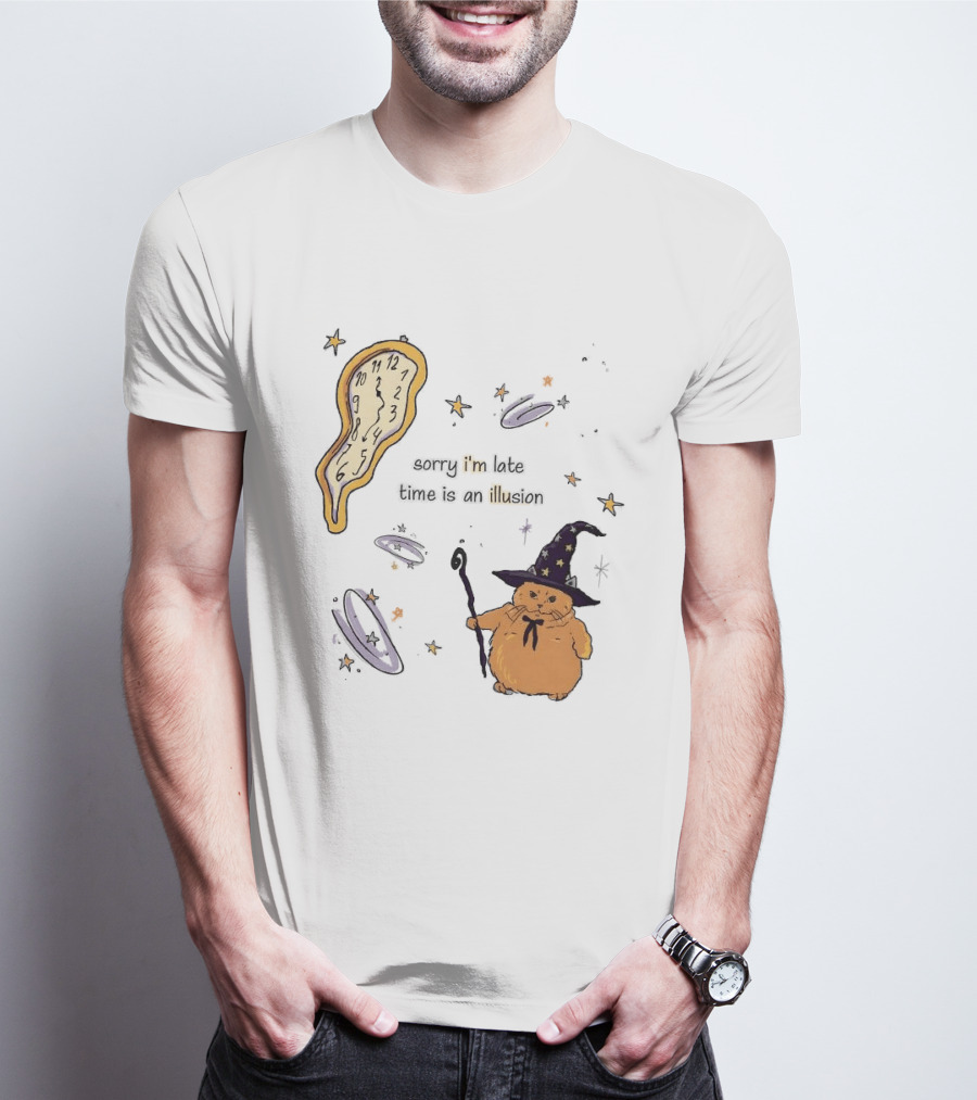 Sorry I'm Late Time Is An Illusion Time Traveling Witch Cat With Melting And Magic Wand T-Shirt