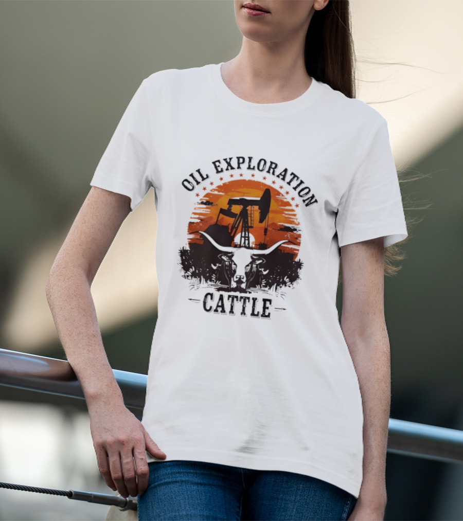 Oil Exploration Cattle Retro Vintage Pumpjack Sunset Scene T-Shirt