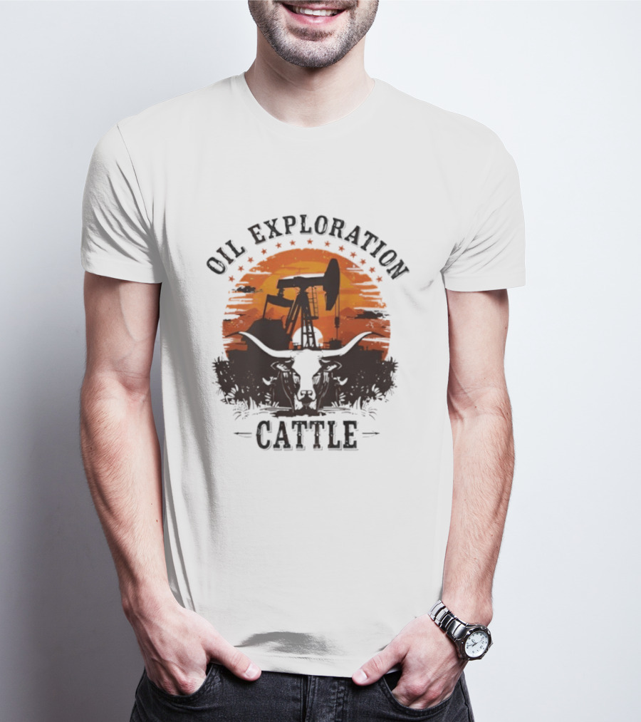 Oil Exploration Cattle Retro Vintage Pumpjack Sunset Scene T-Shirt