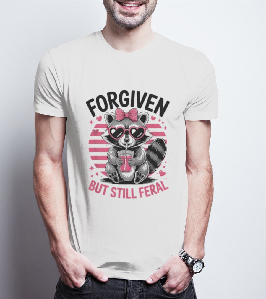 Forgiven But Still Feral Raccoon With Heart Glasses And Bow T-Shirt