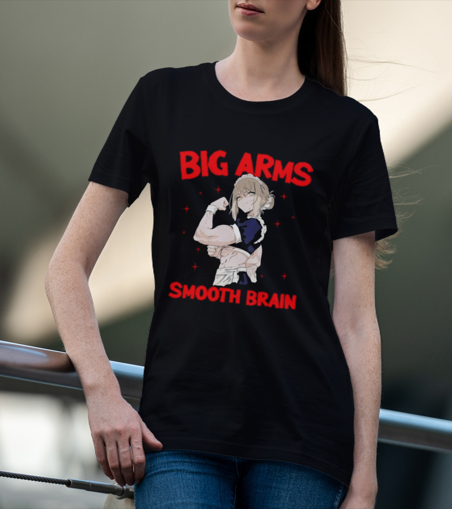 Big Arms Smooth Brain Anime Maid Flexing Strong Muscles T-Shirt