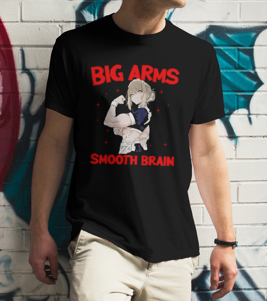 Big Arms Smooth Brain Anime Maid Flexing Strong Muscles T-Shirt