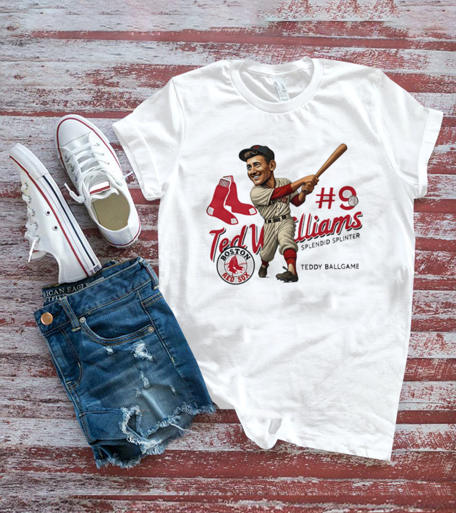 Ted Williams Boston Red Sox Splendid Splinter #9 Teddy Ballgame Caricature T-Shirt
