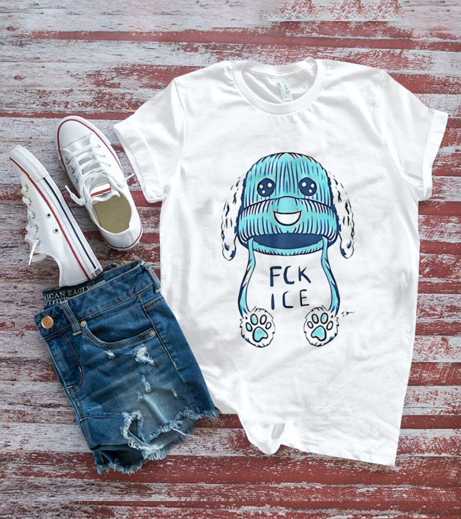 FCK ICE Blue Winter Hat Cartoon With Paw Prints T-Shirt