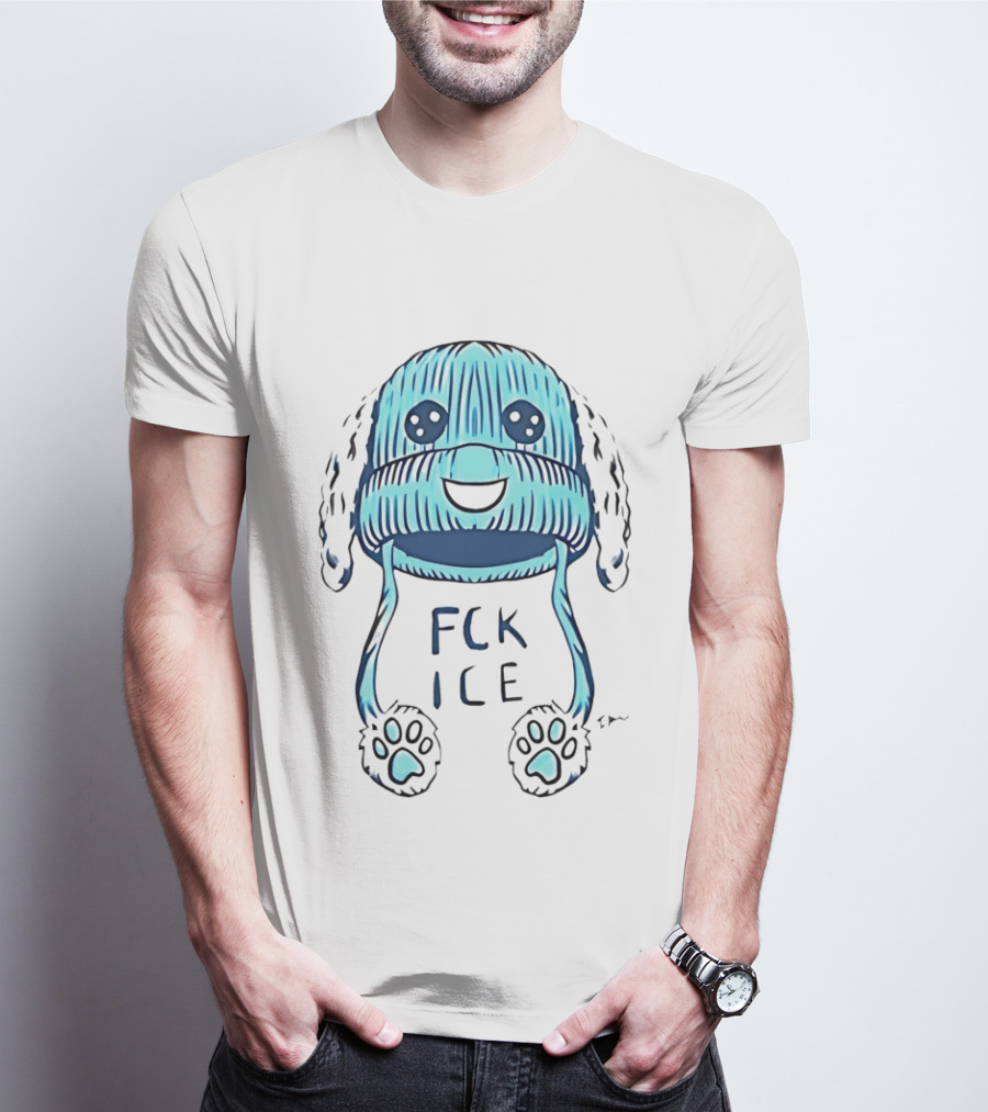 FCK ICE Blue Winter Hat Cartoon With Paw Prints T-Shirt