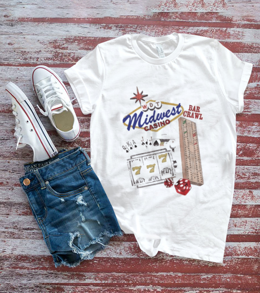 Wisconsin Midwest Casino Bar Crawl Slot Machine Dice Playing Cards Cribbage Board T-Shirt