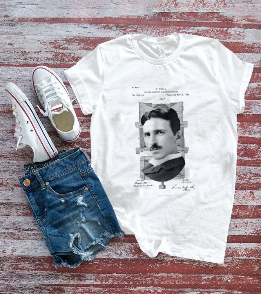 Nikola Tesla Portrait Over Electrical Apparatus Patent Design Image T-Shirt