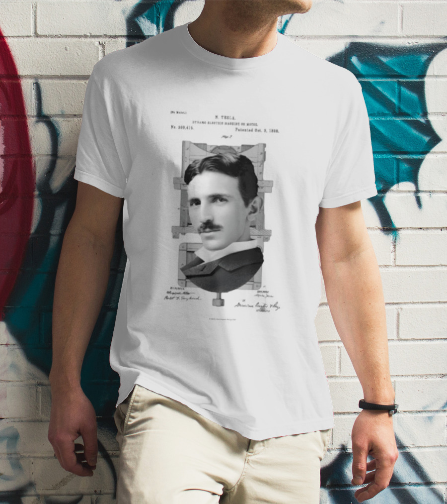 Nikola Tesla Portrait Over Electrical Apparatus Patent Design Image T-Shirt