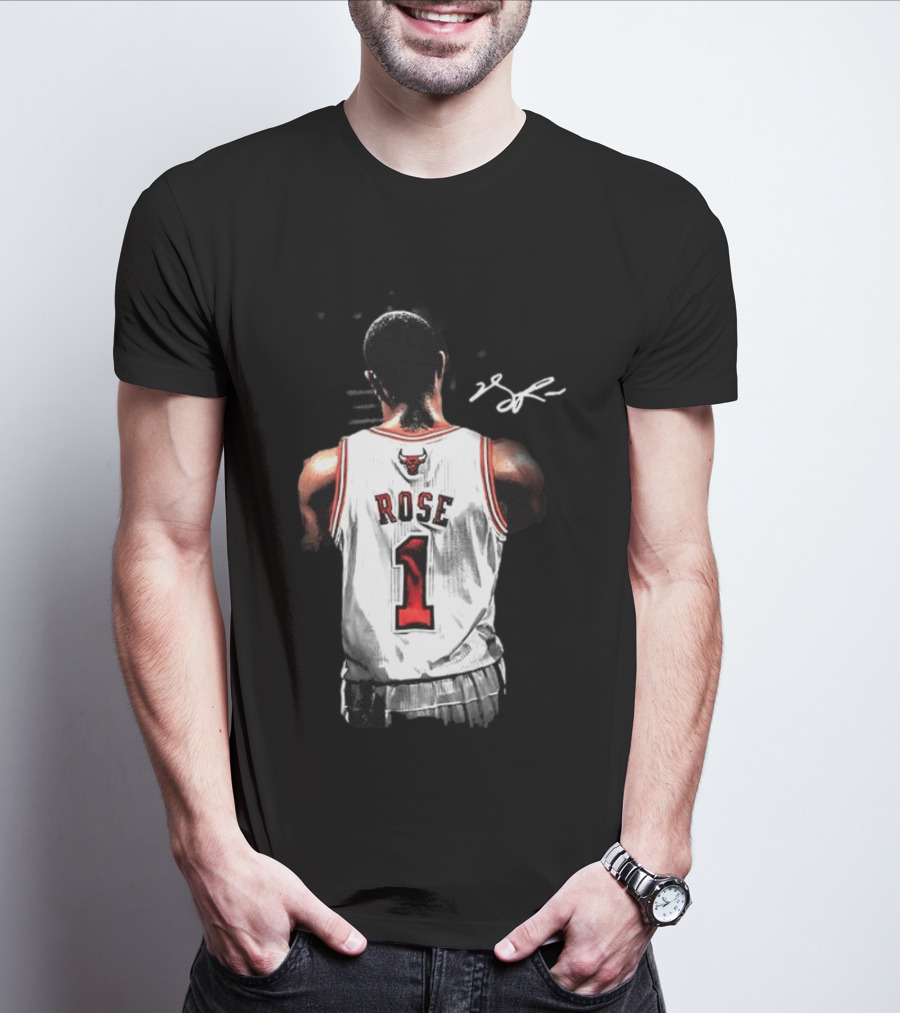 Derrick Rose Chicago Bulls Autographed Jersey Number 1 NBA T-Shirt