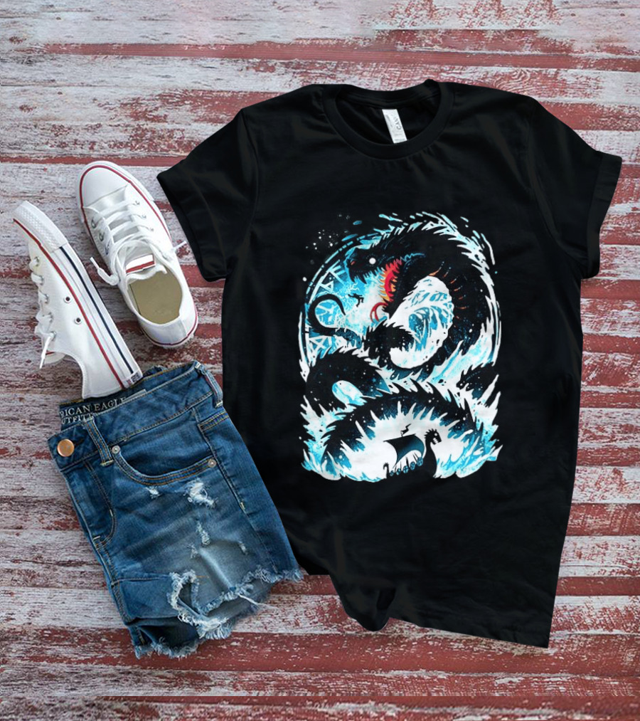 Jörmungandr World Serpent Norse Mythology Viking Ship Ocean Waves T-Shirt