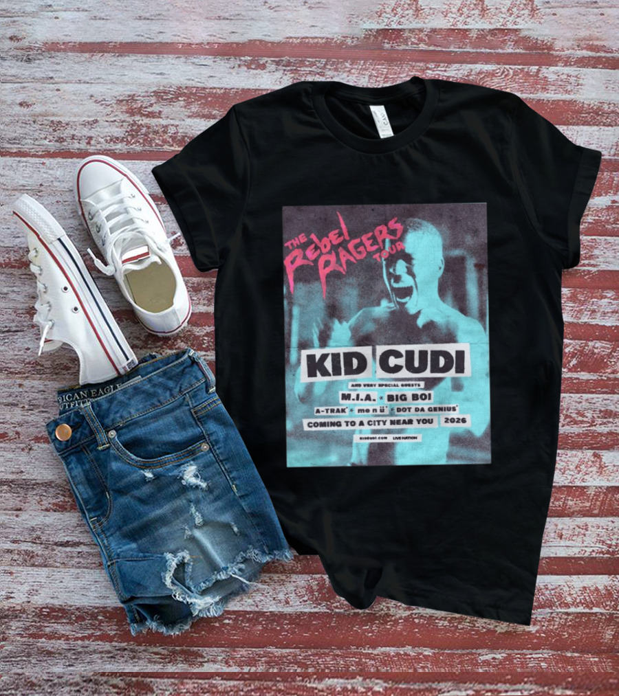 Kid Cudi The Rebel Ragers Tour 2026 Featuring M.I.A. Big Boi A Trak And Dot Da Genius T-Shirt