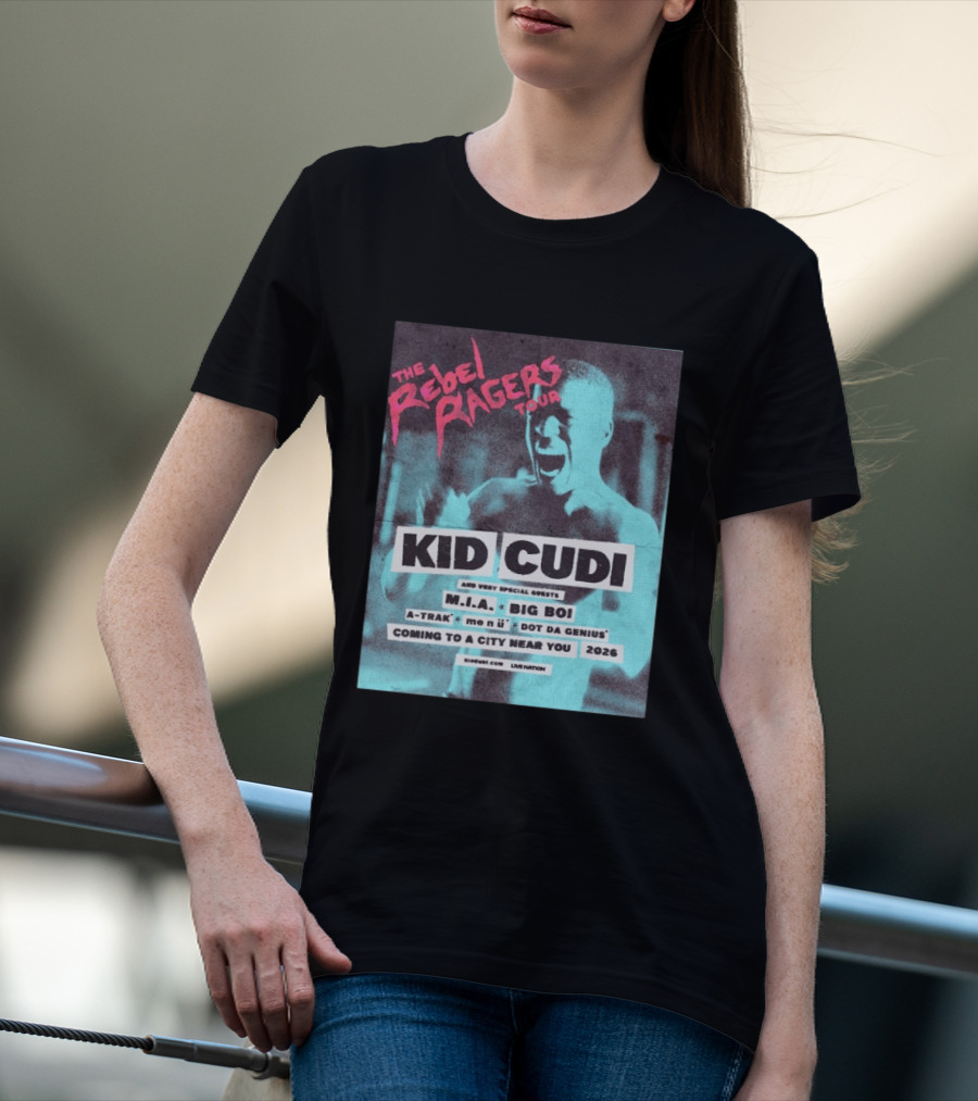 Kid Cudi The Rebel Ragers Tour 2026 Featuring M.I.A. Big Boi A Trak And Dot Da Genius T-Shirt