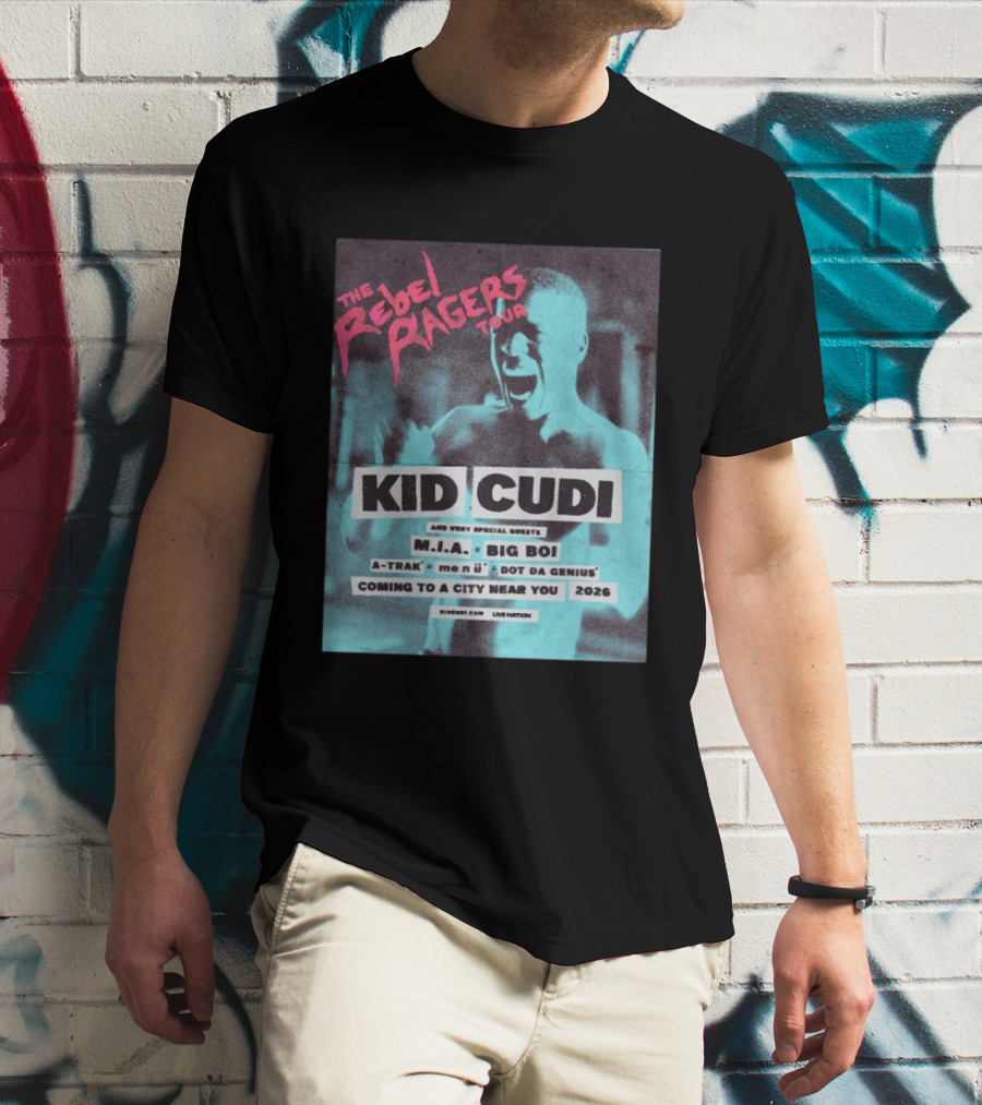 Kid Cudi The Rebel Ragers Tour 2026 Featuring M.I.A. Big Boi A Trak And Dot Da Genius T-Shirt