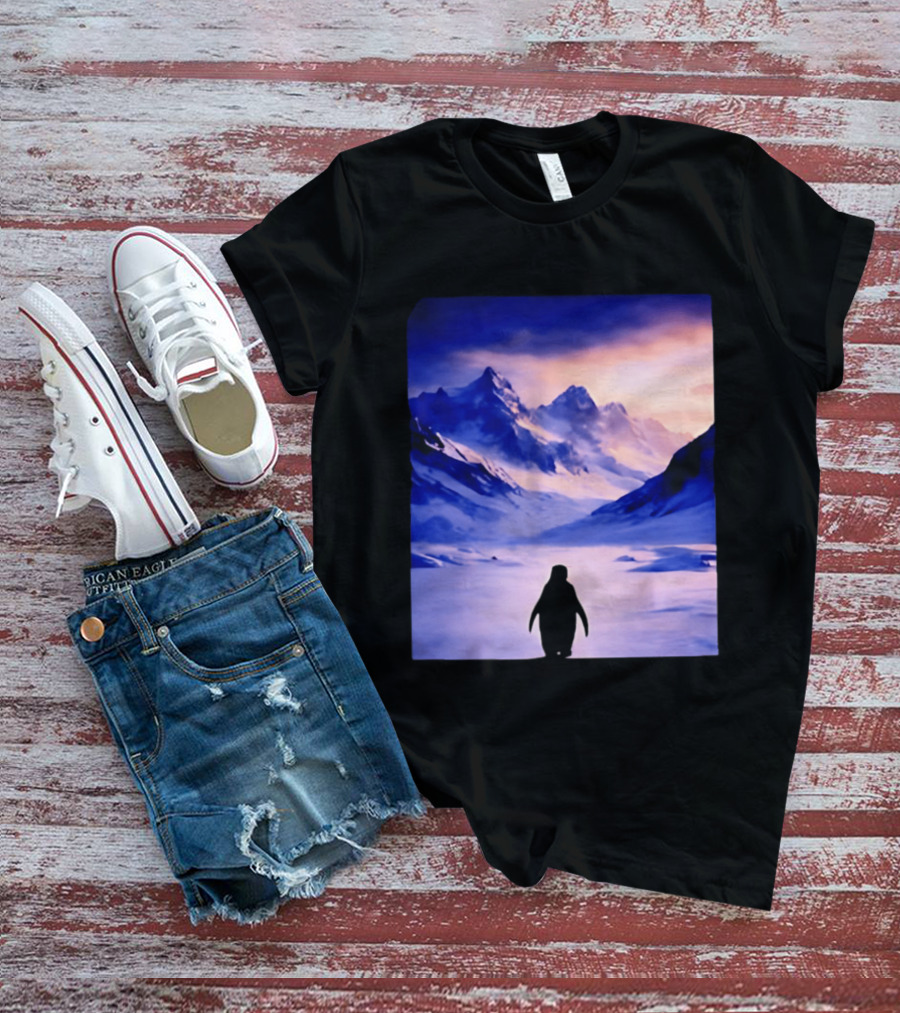 Nihilist Penguin Silhouette In Mountainous Ice Landscape T-Shirt