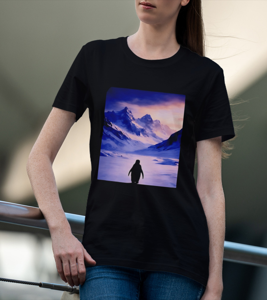Nihilist Penguin Silhouette In Mountainous Ice Landscape T-Shirt