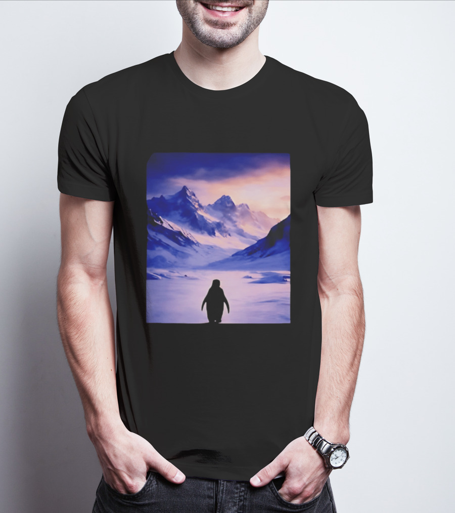 Nihilist Penguin Silhouette In Mountainous Ice Landscape T-Shirt