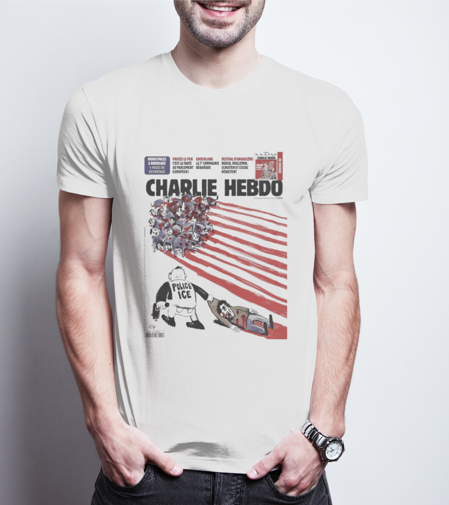 Charlie Hebdo ICE Officer With Flag And Migrant Scene T-Shirt