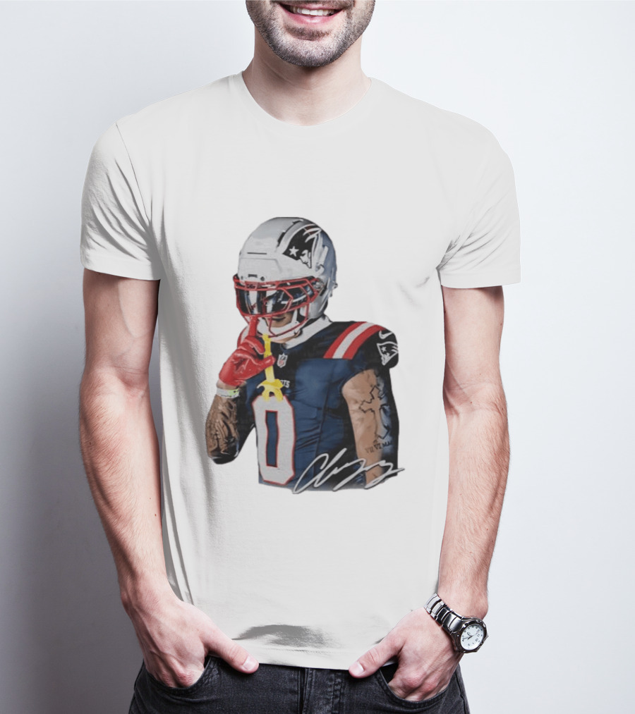 Christian Gonzalez Patriots Number Zero Shh Gesture Helmet Tattoo Football T-Shirt