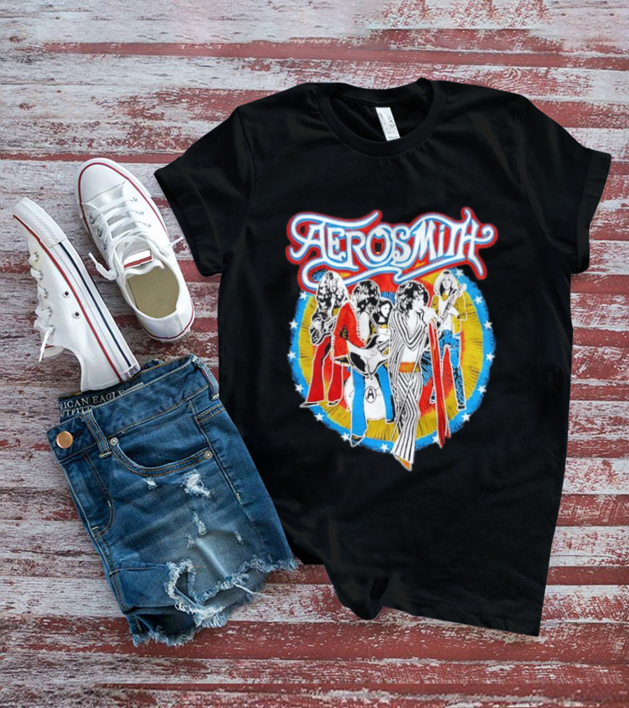 Aerosmith Vintage Band Members Illustration With Stars And Sunburst T-Shirt
