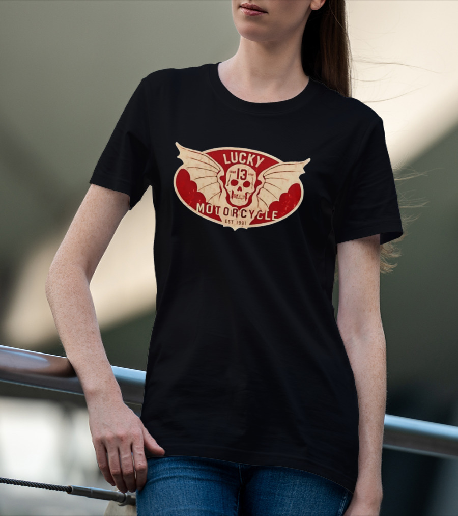Lucky 13 Motorcycle Winged Skull Est 1991 T-Shirt
