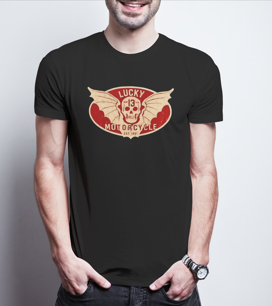 Lucky 13 Motorcycle Winged Skull Est 1991 T-Shirt