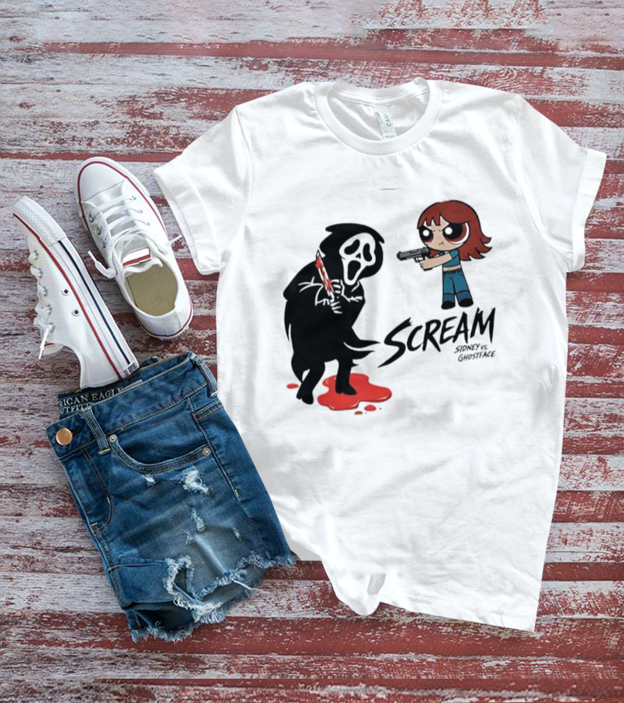 Scream Sidney Vs. Ghostface Cartoon Style Showdown With Knife And Splatter T-Shirt