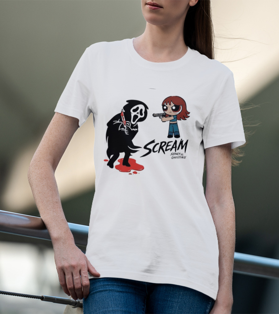 Scream Sidney Vs. Ghostface Cartoon Style Showdown With Knife And Splatter T-Shirt