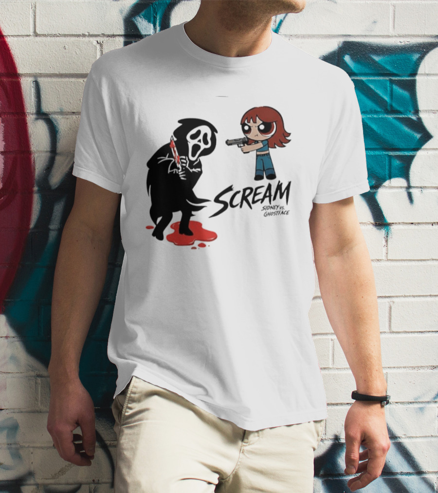 Scream Sidney Vs. Ghostface Cartoon Style Showdown With Knife And Splatter T-Shirt