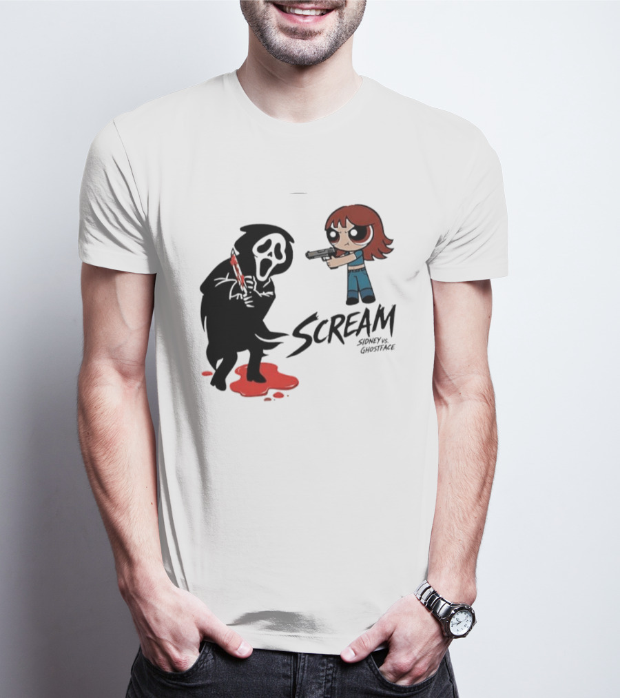 Scream Sidney Vs. Ghostface Cartoon Style Showdown With Knife And Splatter T-Shirt