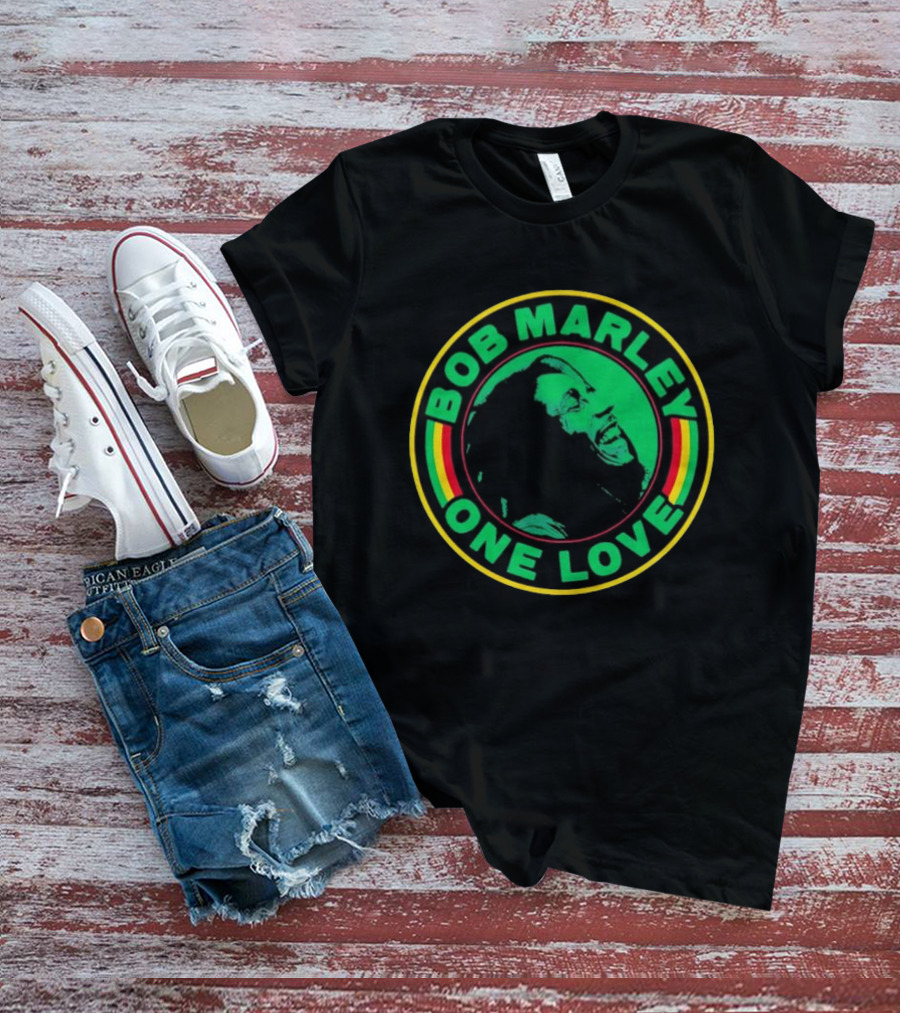 Bob Marley One Love Iconic Circle Emblem With Green And Red Highlights T-Shirt