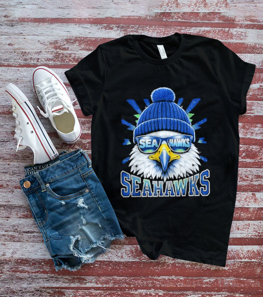 Seahawks Eagle Face With Sunglasses And Winter Hat T-Shirt