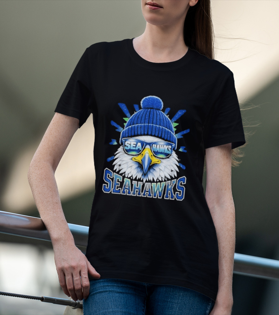Seahawks Eagle Face With Sunglasses And Winter Hat T-Shirt