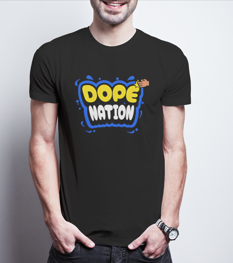 Dope Nation Bubble Letters With Yellow Hand And Blue T-Shirt