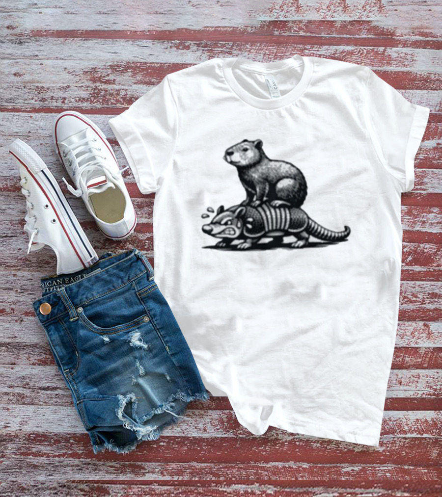 Capybara Riding Armadillo Black And White Illustration Adventure T-Shirt