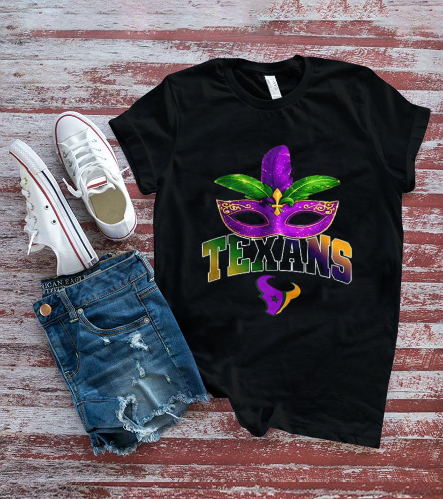Houston Texans Mardi Gras Mask Fleur De Lis Feather T-Shirt