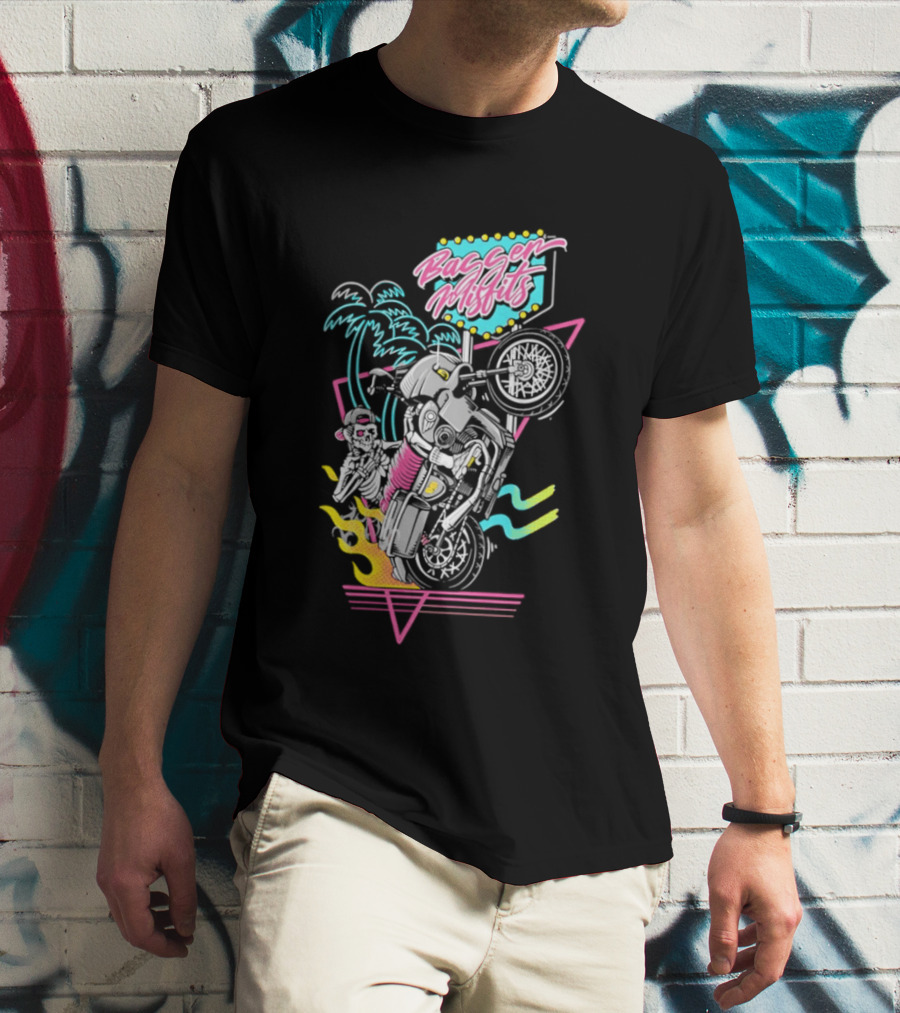 Bagger Misfits Skeleton Motorcycle Wheelie Neon 80s Palm Trees T-Shirt